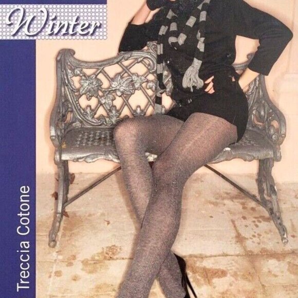 Women Winter Warm Black Tights Embroidered Cotton Pantyhose Made in Italy - Picture 2 of 4